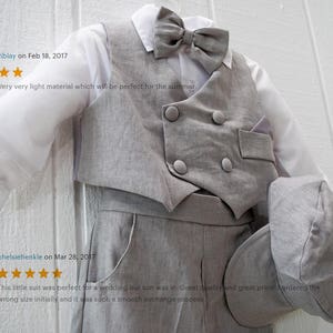 Baby Boy Retro Newsboy 5 piece Natural Linen Vest Suit Set, Gray Beige Black Charcoal White, Baptism Christening Wedding Ring Bearer image 2