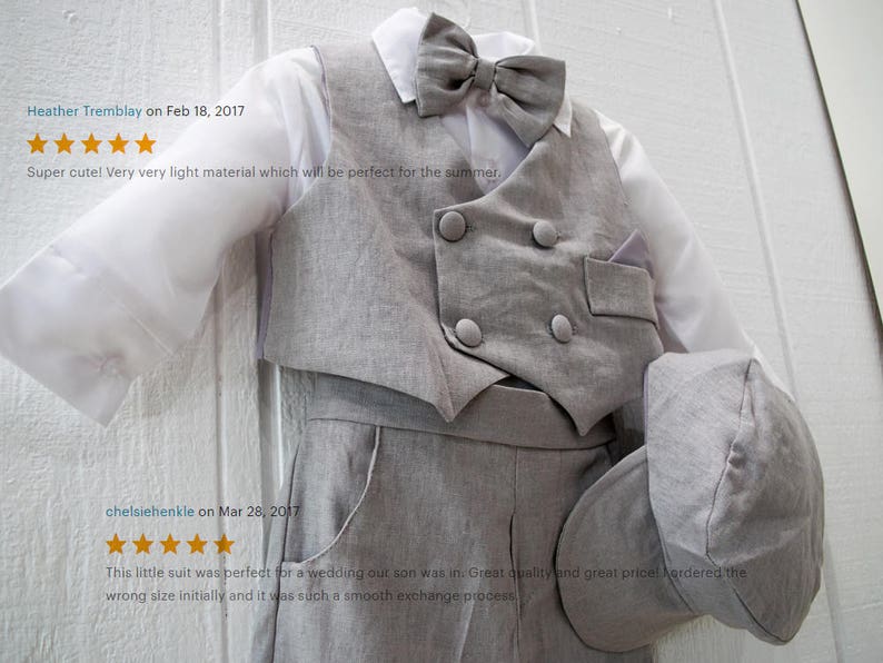 Baby Boy Retro Newsboy 5 piece Natural Linen Vest Suit Set, Gray Beige Black Charcoal White, Baptism Christening Wedding Ring Bearer image 2