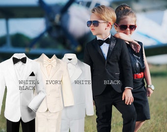 Boys 5pc Tuxedo, Regular Fit, Satin Lapel, Bow Tie, Black, Ivory, White, Wedding Ring Bearer, Halloween, Prom 15% Sales