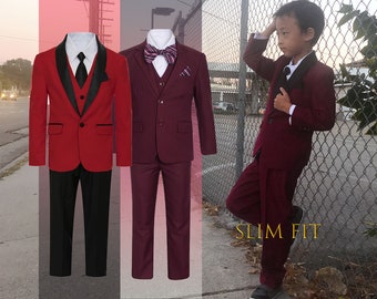 Toddler to Teen Boy 7-Piece Slim Fit Suit Tuxedo, Burgundy Red, Black Satin Shawl Lapel, Wedding Ring Bearer, Prom, Party, 10% Sales