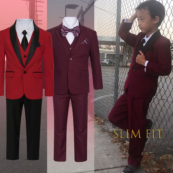 Toddler to Teen Boy 7-Piece Slim Fit Suit Tuxedo, Burgundy Red, Black Satin Shawl Lapel, Wedding Ring Bearer, Prom, Party, 10% Sales