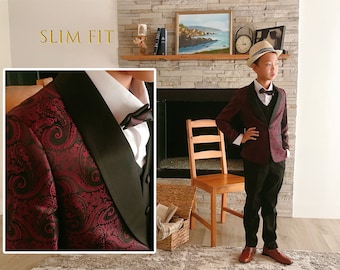 Toddler to Teen Boy Slim Fit 5-Piece Burgundy Paisley Suit, Black Satin Shawl Lapel, Blazer Shirt Vest Pants Bowtie, Wedding, 10% Sales