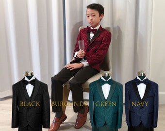 Toddler Boy to Teen Slim Fit 5-Piece Sparkling Suit, Black Burgundy Green Navy, Blazer Shirt Vest Pants Bowtie, Wedding Graduation 10% Sales