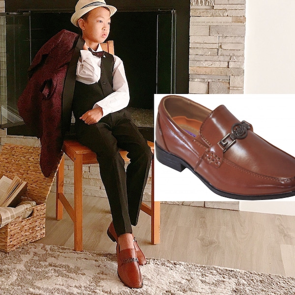 Boys Brown Cognac Vegan Faux Leather Loafer Slip-On Formal Shoes, Elongated Almond Toes, Wedding Ring Bearer