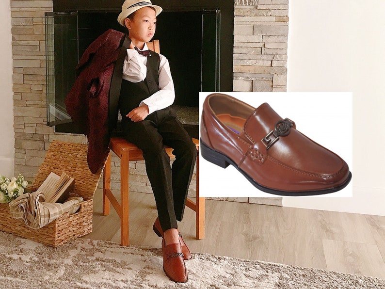 Boys Brown Cognac Vegan Faux Leather Loafer Slip-On Formal Shoes, Elongated Almond Toes, Wedding Ring Bearer, 10% Sales image 1