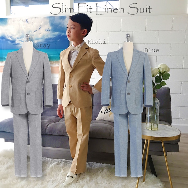 Boy to Teen Boy Slim Fit Cotton Linen Suit, Blue Gray Khaki, Wedding Ring Bearer, Birthday Party, 20% Sales
