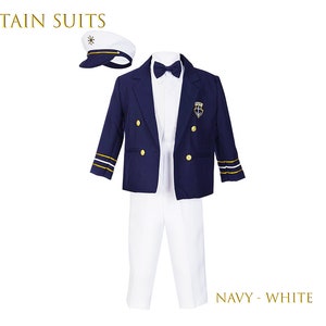 Boys Nautical Marine Captain 5 pieces Suit with Navy White: Jacket, Pants Shirt Cap Bow-Tie, Birthday Party, Size 1-7, 10% Sales Navy / White pants