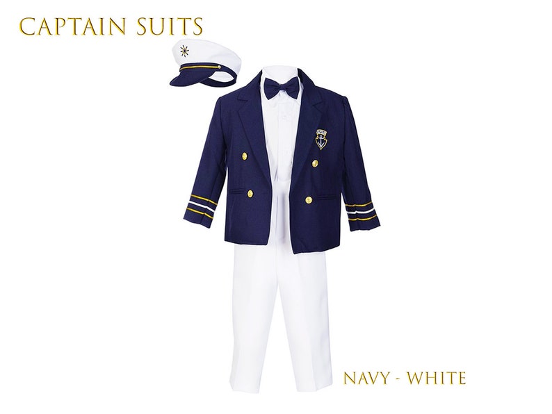 Boys Nautical Marine Captain 5 pieces Suit with Navy White: Jacket, Pants Shirt Cap Bow-Tie, Birthday Party, Size 1-7, 10% Sales Navy / White pants