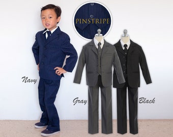 Baby to Teen Boy Deluxe Pinstripe 5-Piece Suit, Navy Gray Black, Wedding Ring Bearer, Prom, 20% Sales