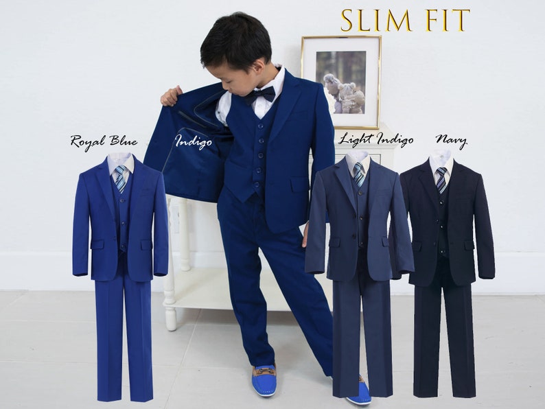 Toddler to Teen Boy Slim Fit 7-Piece Blue Suit, Royal Blue, Indigo, Light Indigo, Navy, Wedding Ring Bearer, Confirmation, Prom 10% Sales 