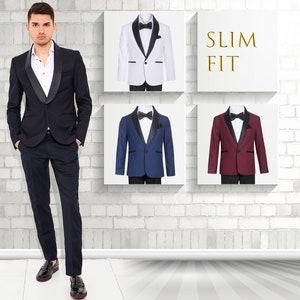 Men Slim Fit Premium 2-Piece Suit Black Satin Shawl Lapel, Black, White, Indigo Blue, Burgundy Wine, Size 34 to 48