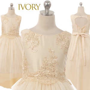 Ivory Lace Sequin Tulle Hi-low Wedding Flower Girl Dress