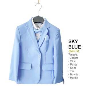 Boy Slim Fit 7-piece Suit Jacket Vest Pants Shirt Tie Bow-Tie Hanky, Indigo Navy Royal Blue, Sky Blue, Wedding Ring Bearer, Prom 30% Sales Sky Blue