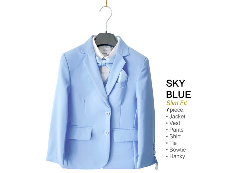 Boy Slim Fit 7-piece Suit Jacket Vest Pants Shirt Tie Bow-Tie Hanky, Indigo Navy Royal Blue, Sky Blue, Wedding Ring Bearer, Prom 30% Sales Sky Blue