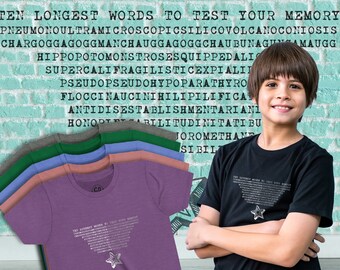 Longest English Words Graphic Colored Cotton T-Shirt, Unisex Boy Girl 6-13, Gift for Geeky Nerd Smart Spelling Bee Children, 15% Sales