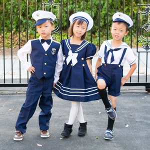 Boys Nautical Marine Captain 5 pieces Suit with Navy White: Jacket, Pants Shirt Cap Bow-Tie, Birthday Party, Size 1-7, 10% Sales image 8