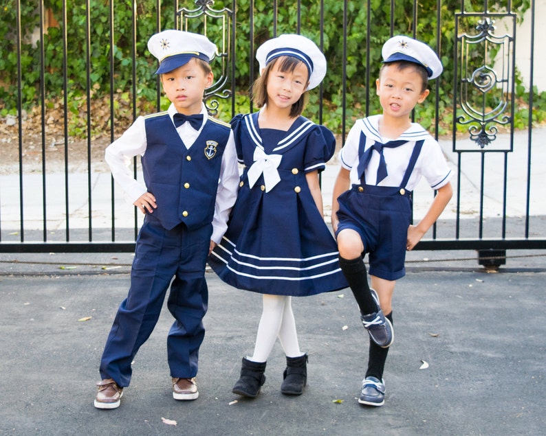 Boys Nautical Marine Captain 5 pieces Suit with Navy White: Jacket, Pants Shirt Cap Bow-Tie, Birthday Party, Size 1-7, 10% Sales image 8