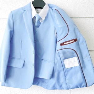 Boy Slim Fit 7-piece Suit Jacket Vest Pants Shirt Tie Bow-Tie Hanky, Indigo Navy Royal Blue, Sky Blue, Wedding Ring Bearer, Prom 30% Sales 画像 3