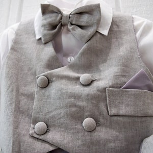 Baby Boy Retro Newsboy 5 piece Natural Linen Vest Suit Set, Gray Beige Black Charcoal White, Baptism Christening Wedding Ring Bearer image 4