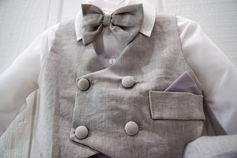 Baby Boy Retro Newsboy 5 piece Natural Linen Vest Suit Set, Gray Beige Black Charcoal White, Baptism Christening Wedding Ring Bearer image 4