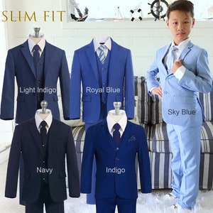 Boy Slim Fit 7-piece Suit Jacket Vest Pants Shirt Tie Bow-Tie Hanky, Indigo Navy Royal Blue, Sky Blue, Wedding Ring Bearer, Prom 30% Sales 画像 1