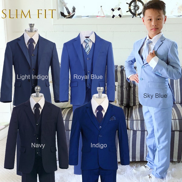 Traje de 7 piezas para niño Slim Fit (chaqueta, chaleco, pantalones, camisa, corbata, pajarita, pañuelo), azul marino índigo, azul real, azul cielo, portador de anillo de boda, fiesta de graduación