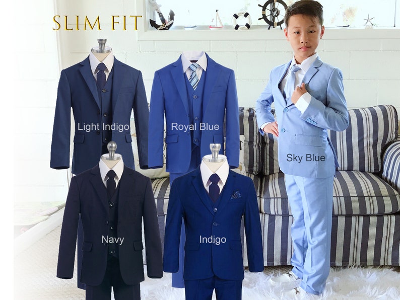 Boy Slim Fit 7-piece Suit Jacket Vest Pants Shirt Tie Bow-Tie Hanky, Indigo Navy Royal Blue, Sky Blue, Wedding Ring Bearer, Prom 30% Sales 画像 1