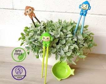 Cute Monkey Training Chopsticks, Detachable Figurines, All Ages Kid Teens Adults, Right or Left handed, Dishwasher Safe, BPA Free