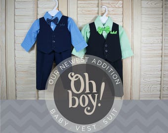 Baby to Little Boy Checkered Vest 4-Piece Set, Navy Blue, Black Green, Wedding Ring Bearer Page Boy, Party, Baptism Size 6 months - 4T