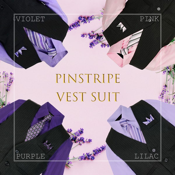 Baby to Teen Black Pinstripe Purple Vest 5-pc Set (Pants Shirt Tie Hanky) Pink, Lilac Lavender, Violet, Wedding Ring Bearer 15% SALE