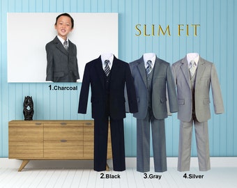 Toddler to Teen Boy Slim Fit 7-piece Suit, Black Charcoal Gray Silver, Wedding Ring Bearer, Homecoming Prom Graduation Performance 30% Sales