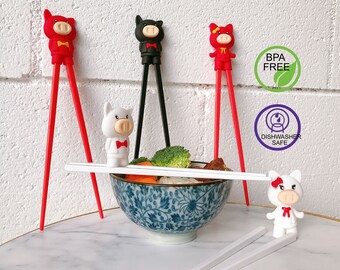 Cute Pig Training Chopsticks, Detachable Figurines, All Ages Kids Teens Adults, Right or Left handed, Dishwasher Safe, BPA Free