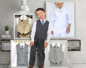 Baby 6 months to Boy 16 Vest Pants Shirt Tie Set, Charcoal Gray Silver, Khaki Beige White, Baptism Christening Wedding Ring Bearer, 10% Sale