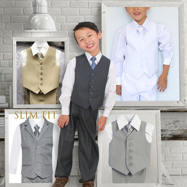 Baby 6 months to Boy 16 Vest Pants Shirt Tie Set, Charcoal Gray Silver, Khaki Beige White, Baptism Christening Wedding Ring Bearer, 10% Sale