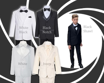 James Bond Tuxedo, Baby to Boys Regular Fit, Black Ivory White, Christening Baptism Recital Graduation Wedding Ring Bearer Halloween 15% off