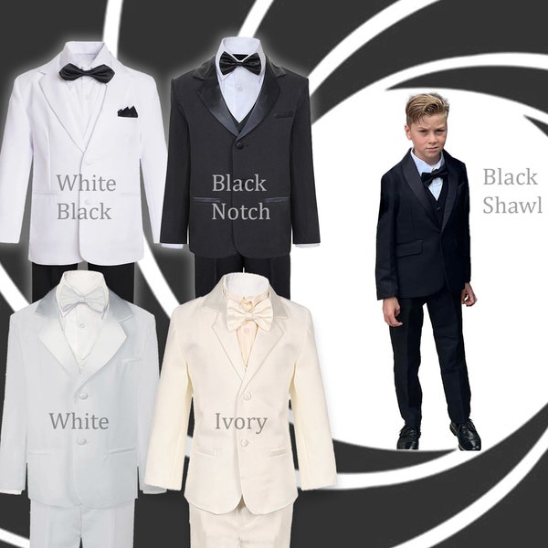 James Bond Tuxedo, Baby to Boys Regular Fit, Black Ivory White, Christening Baptism Recital Graduation Wedding Ring Bearer Halloween 15% off