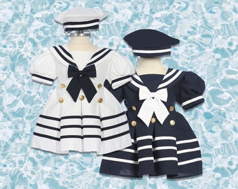 Baby to Little Girls Nautical Marine Sailor 2-piece Dress with Scarf and Beret Hat,  Birthday, Halloween, Size 6 months - 4T, 10% Sales