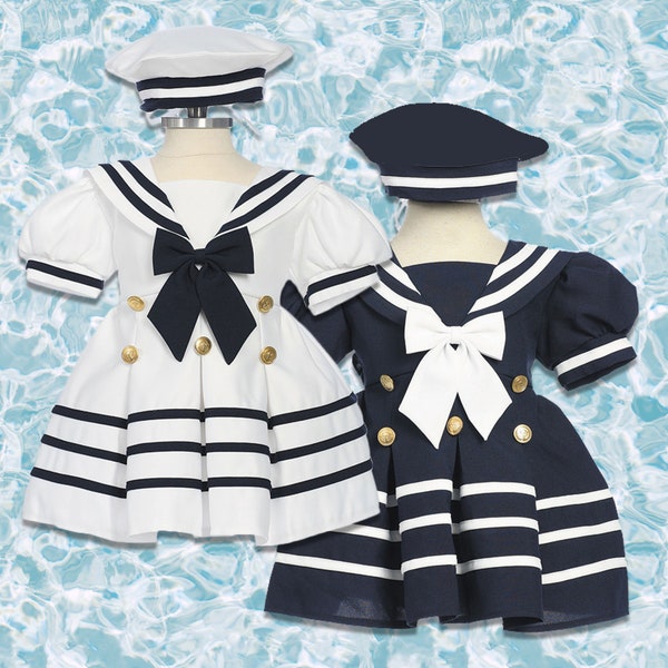 Baby to Little Girls Nautical Marine Sailor 2-piece Dress with Scarf and Beret Hat,  Birthday, Halloween, Size 6 months - 4T, 10% Sales