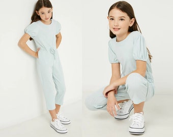 Girl Jumpsuit Romper Aqua Blue, Rayon Blend, Comfortable Stretch, Back to School Everyday Party Vacation, Age 7 to 14, 40% SALES