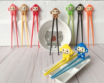 Cute Monkey Training Chopsticks, Detachable Silicone Figurines, All Ages Kid Teens Adults, Right or Left handed, Dishwasher Safe, BPA Free