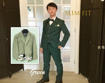 Costume vert sauge coupe slim garçon tout-petit à adolescent, porteur d'alliances, bal de finissants représentation fête récital anniversaire, 30 % de ventes