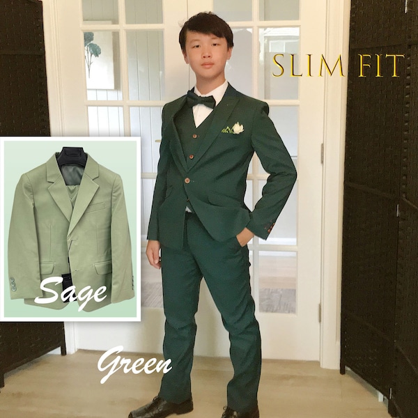 Costume vert sauge coupe slim garçon tout-petit à adolescent, porteur d'alliances, bal de finissants représentation fête récital anniversaire, 30 % de ventes