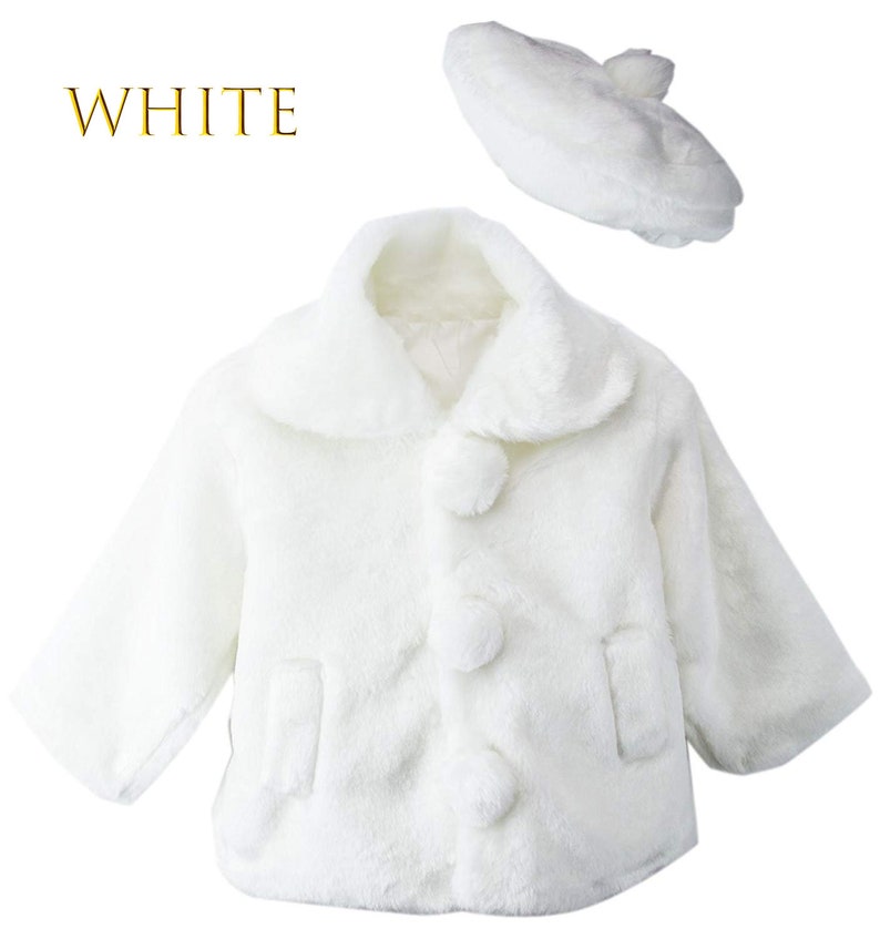 Pink White Ivory 1-5 Toddler to Girl Cute Faux Fur Bolero Coat Jacket with Pompom Beret Hat