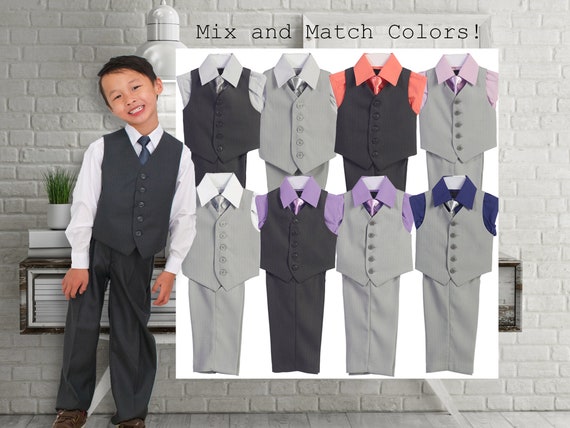 Boys Light Silver Wedding Slim Fit Formal Suits 5 Piece Set With Silver Tie