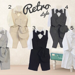 Baby Boy Retro Newsboy 5 piece Natural Linen Vest Suit Set, Gray Beige Black Charcoal White, Baptism Christening Wedding Ring Bearer image 1