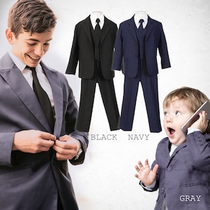 Baby to Teen Boy 5-Piece Suit in Regular and Taller Sizes, Black, Navy, Gray, Baptism, Wedding Ring Bearer, Confirmation, Prom, 15% Sales