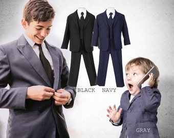 Baby to Teen Boy 5-Piece Suit in Regular and Taller Sizes, Black, Navy, Gray, Baptism, Wedding Ring Bearer, Confirmation, Prom, 15% Sales