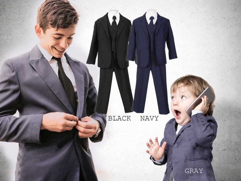 Baby to Teen Boy 5-Piece Regular Suit, Black, Navy, Platinum Gray, Baptism, Wedding Ring Bearer, Confirmation, Prom, 15% Sales 