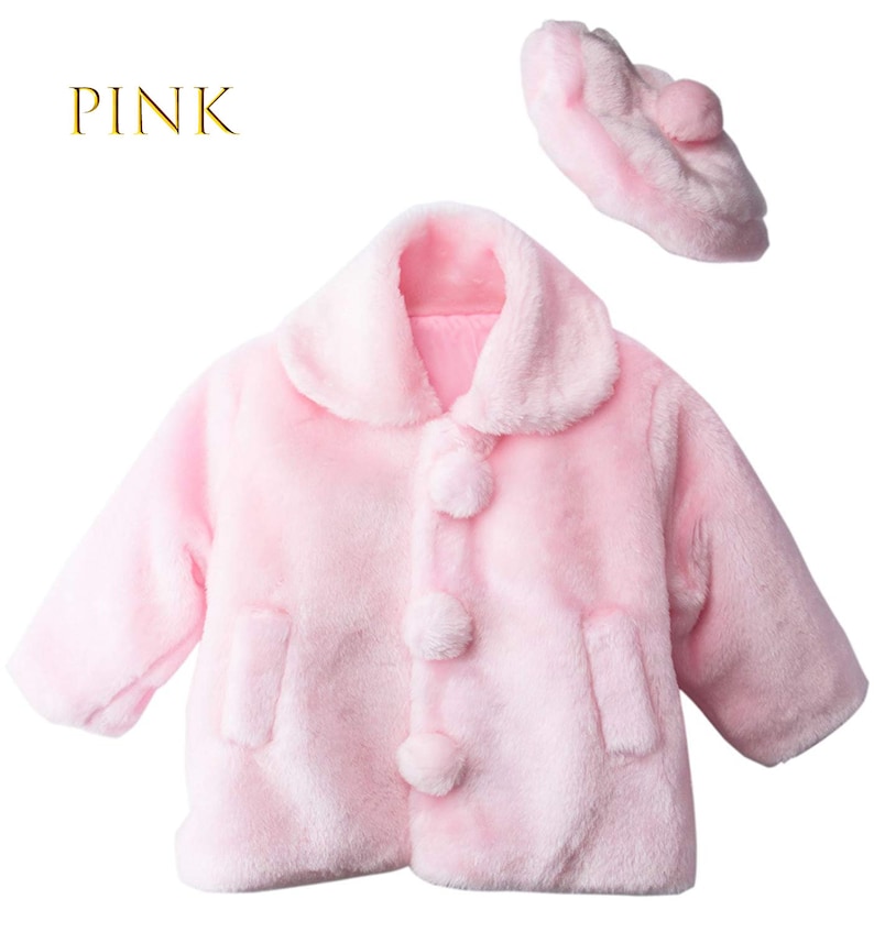 Pink White Ivory 1-5 Toddler to Girl Cute Faux Fur Bolero Coat Jacket with Pompom Beret Hat