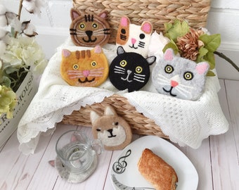 Handmade Felted Wool Cat Kitty Face Coaster, Mug Cup Glass, Cold Hot Drink Tea Coffee, Gift House warming Dinning Home Décor 20% Sales